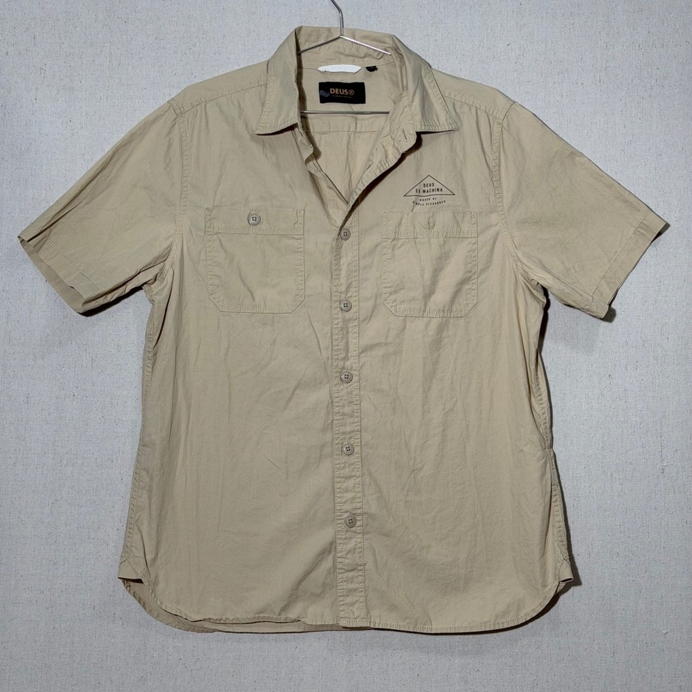 Deus Ex Machina Button Down Shirt Mens Large Tan Short Sleeve Workwear Graphic